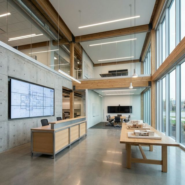 オフィス外観または内装の写真:モダンな建設会社のオフィス空間